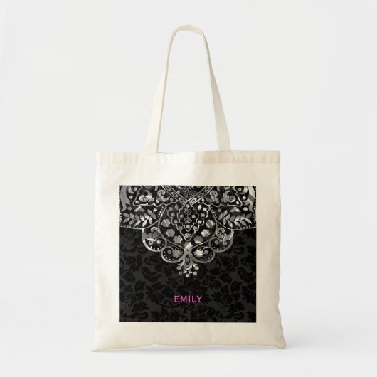 Elegant Black Damascus Silver Metallic  kant Tote Bag (Voorkant)