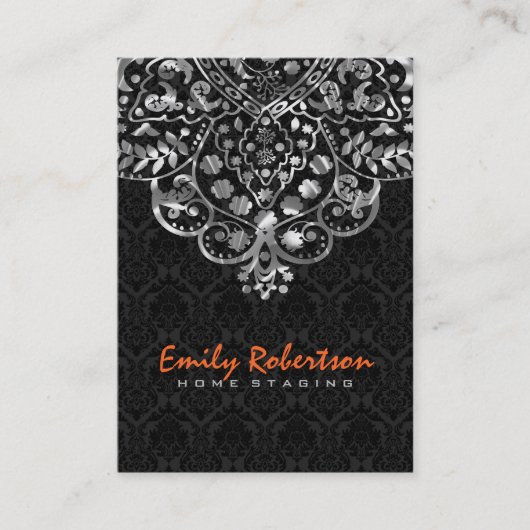 Elegant Black Damascus Silver Metallic kant Visitekaartje (Voorkant)