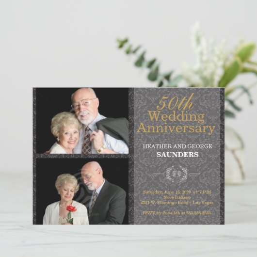 Elegant Black Damask 50th Wedding Jubileum (Staand voorkant)