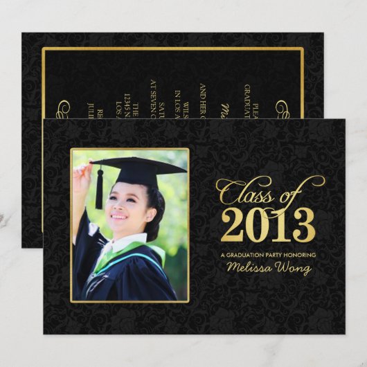 Elegant Black Damask and Gold Class of 2013 Kaart (Voorkant / Achterkant)