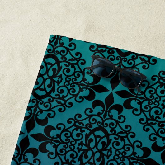 Elegant Black Damask Blauwgroen en Paars Ombre Strandlaken (In situ)