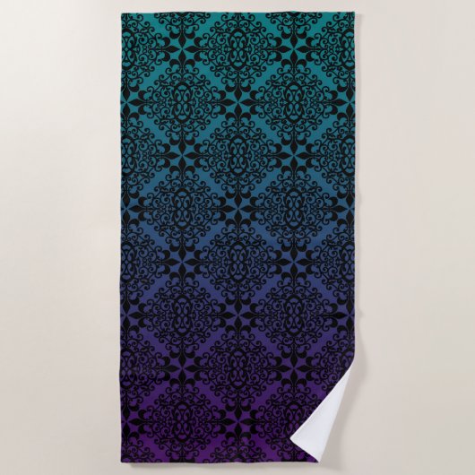 Elegant Black Damask Blauwgroen en Paars Ombre Strandlaken (Voorkant)