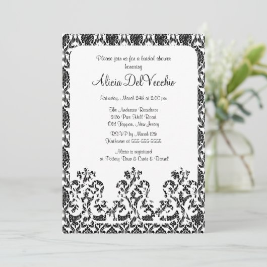 Elegant Black Damask Bridal Shower Invitation Kaart (Staand voorkant)