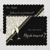Elegant Black, Damask Bridesmaid Kaart (Voorkant / Achterkant)