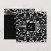 Elegant Black Damask Brocade Silver Birthday Party Kaart (Voorkant / Achterkant)