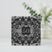 Elegant Black Damask Brocade Silver Birthday Party Kaart (Staand voorkant)