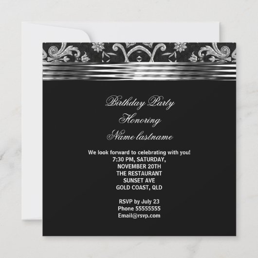 Elegant Black Damask Brocade Silver Birthday Party Kaart (Achterkant)