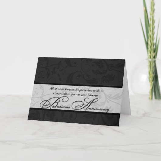Elegant Black Damask Business Jubileum Kaart (Voorkant)