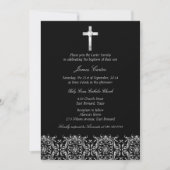 Elegant Black Damask & Cross Baptism/Christening Kaart (Voorkant)