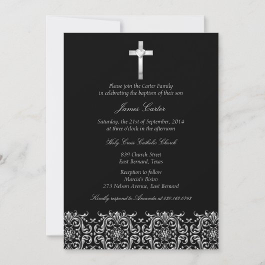 Elegant Black Damask & Cross Baptism/Christening Kaart (Voorkant)
