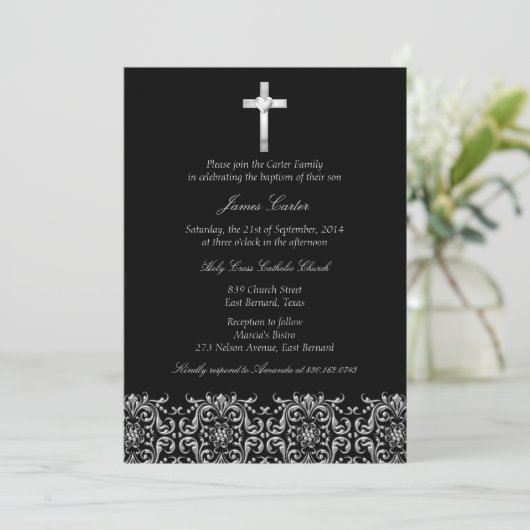 Elegant Black Damask & Cross Baptism/Christening Kaart (Staand voorkant)