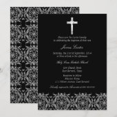 Elegant Black Damask & Cross Baptism/Christening Kaart (Voorkant / Achterkant)