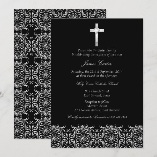 Elegant Black Damask & Cross Baptism/Christening Kaart (Voorkant / Achterkant)
