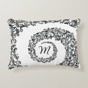 Elegant Black Damask Monogram Accent Kussen