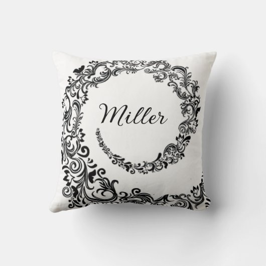 Elegant Black Damask Monogram Kussen (Achterkant)