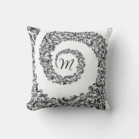 Elegant Black Damask Monogram Kussen (Voorkant)