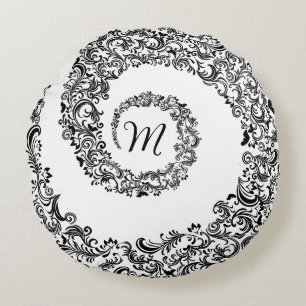 Elegant Black Damask Monogram Rond Kussen