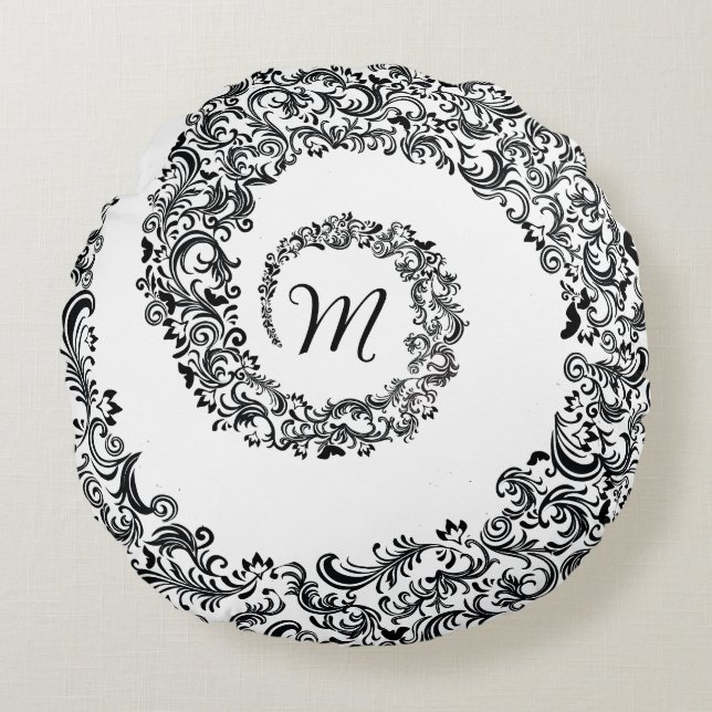 Elegant Black Damask Monogram Rond Kussen (Voorkant)