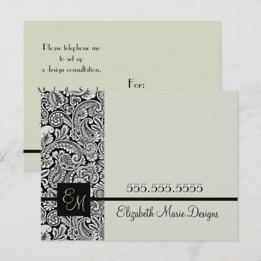 Elegant Black Damask Monogrammed Business Briefkaart (Voorkant / Achterkant)