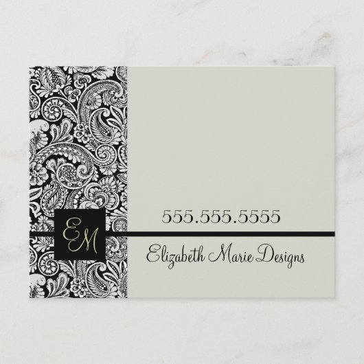 Elegant Black Damask Monogrammed Business Briefkaart (Voorkant)