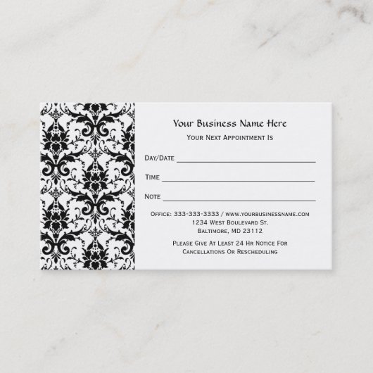 Elegant Black Damask Pattern Salon Appointment Afsprakenkaartje (Voorkant)
