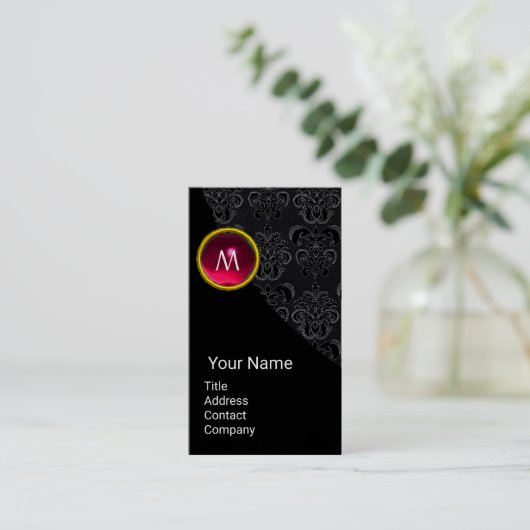 ELEGANT BLACK DAMASK PINK RUBY GEMSTONE MONOGRAM VISITEKAARTJE (Staand voorkant)