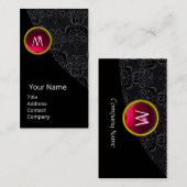ELEGANT BLACK DAMASK PINK RUBY GEMSTONE MONOGRAM VISITEKAARTJE (Voorkant / Achterkant)