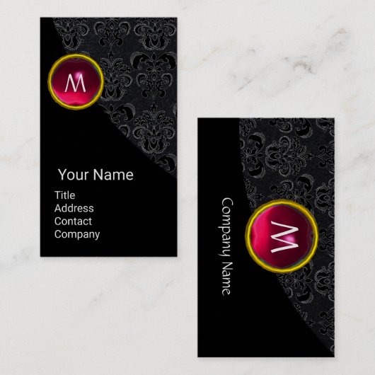 ELEGANT BLACK DAMASK PINK RUBY GEMSTONE MONOGRAM VISITEKAARTJE (Voorkant / Achterkant)