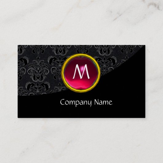 ELEGANT BLACK DAMASK PINK RUBY GEMSTONE MONOGRAM VISITEKAARTJE (Achterkant)