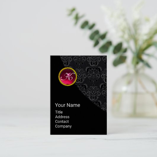 ELEGANT BLACK DAMASK PINK RUBY GEMSTONE MONOGRAM VISITEKAARTJE (Staand voorkant)