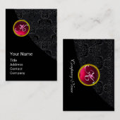 ELEGANT BLACK DAMASK PINK RUBY GEMSTONE MONOGRAM VISITEKAARTJE (Voorkant / Achterkant)