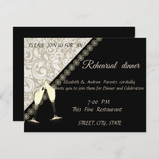 Elegant Black, Damask Weddi Rehearsal Dinner Kaart (Voorkant / Achterkant)