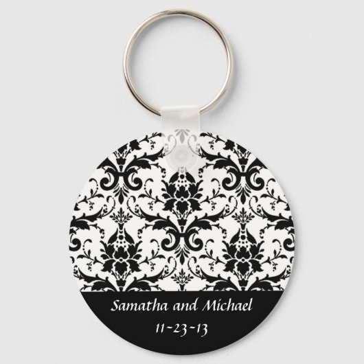 Elegant Black Damask Wedding Anigelet Datum Sleutelhanger (Voorkant)