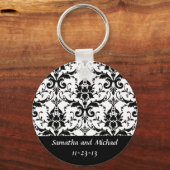 Elegant Black Damask Wedding Anigelet Datum Sleutelhanger (Voorkant)