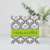 Elegant Black Damask Wedding Invitation Green Kaart (Staand voorkant)