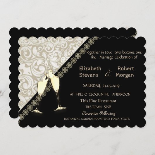 Elegant Black, Damask Wedding Invitation Kaart (Voorkant / Achterkant)