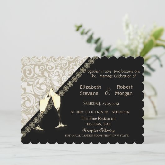 Elegant Black, Damask Wedding Invitation Kaart (Staand voorkant)