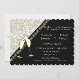 Elegant Black, Damask Wedding Invitation Kaart
