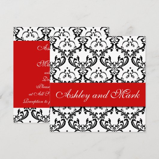 Elegant Black Damask Wedding Invitation Red Kaart (Voorkant / Achterkant)