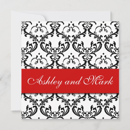 Elegant Black Damask Wedding Invitation Red Kaart (Voorkant)