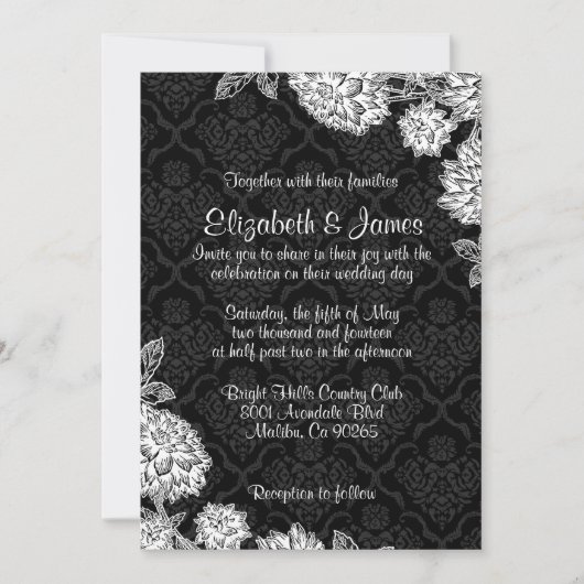 Elegant Black Damask Wedding Invitations Kaart (Voorkant)