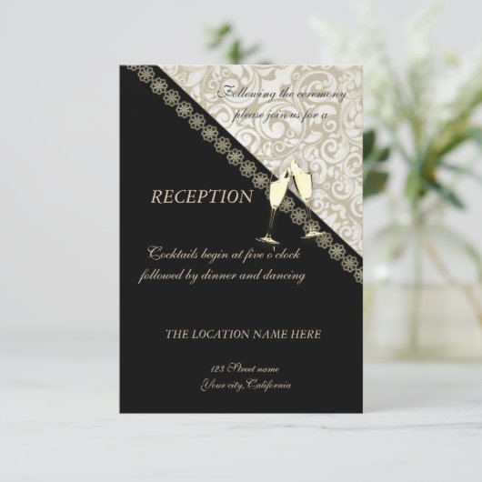 Elegant Black, Damask Wedding Reception Kaart (Staand voorkant)