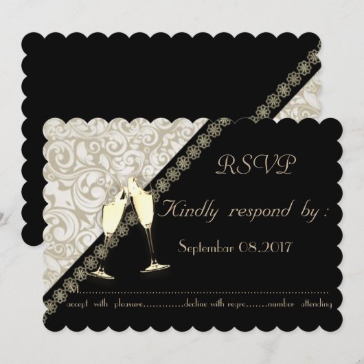 Elegant Black, Damask Wedding RSVP-kaart Kaart (Voorkant / Achterkant)