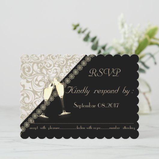Elegant Black, Damask Wedding RSVP-kaart Kaart (Staand voorkant)