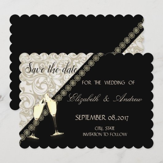 Elegant Black, Damask Wedding Save the date (Voorkant / Achterkant)