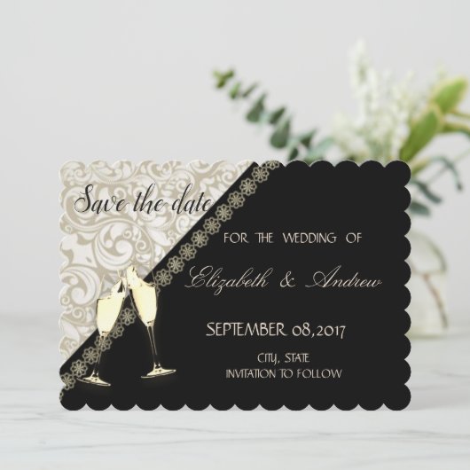 Elegant Black, Damask Wedding Save the date (Staand voorkant)