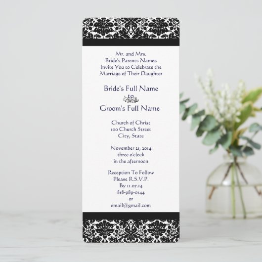 Elegant Black Damask Wedding Uitnodiging (Staand voorkant)