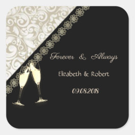 Elegant Black, Damask Wedding Vierkante Sticker