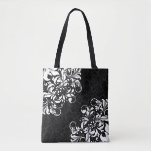 Elegant Black Damkers & White Floral Lace Tote Bag