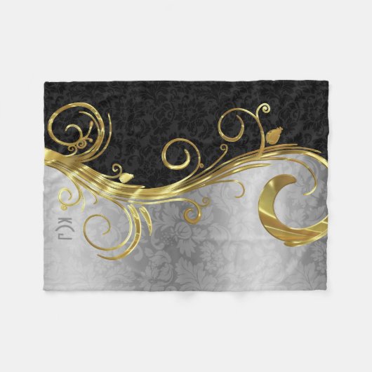 Elegant Black Dammaskers Gold en Silver Swirls Fleece Deken (Voorkant (Horizontaal))